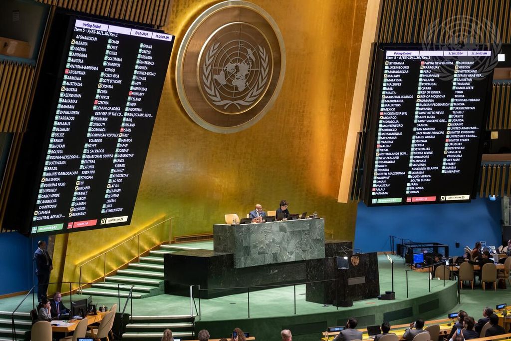 Suasana sidang Majelis Umum PBB pada Jumat (10/5/2024) untuk membahas resolusi hak-hak istimewa bagi Palestina di PBB, di Markas Besar PBB, New York, Amerika Serikat.