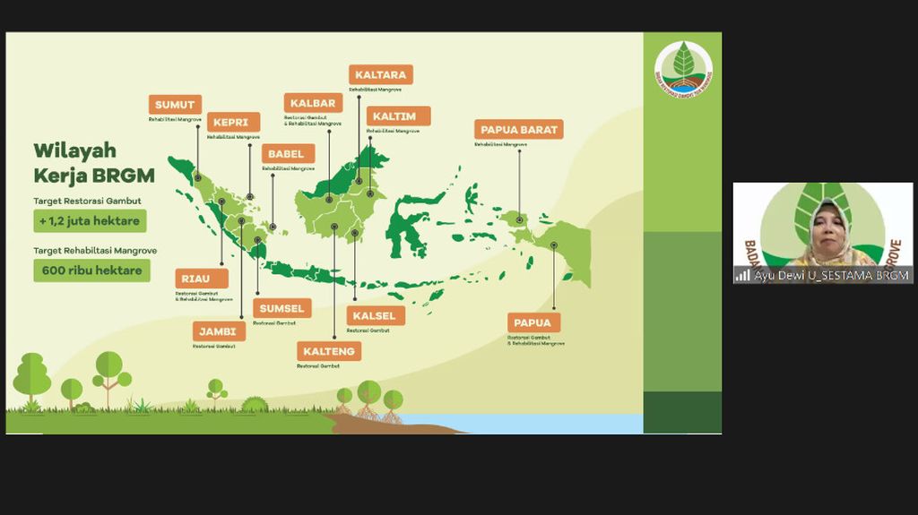 Sekretaris Utama Badan Restorasi Gambut dan Mangrove (BRGM) Ayu Dewi Utari saat menjadi pembicara kunci dalam diskusi grup terarah bertema “Restorasi Ekosistem Mangrove di Pesisir Utara, Desa Mayangan Kabupaten Subang” via daring, Selasa (21/6/2022). BRGM menargetkan rehabilitasi sekitar 600.000 hektar mangrove hingga 2024.