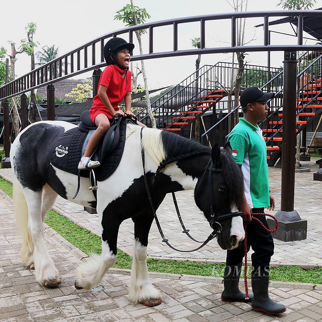 Pengunjung menunggang Lady, kuda asal Belanda di Branchsto Ranch and Resto di Kecamatan Pondok Aren, Kota Tangerang Selatan, Banten, Rabu (1/2).