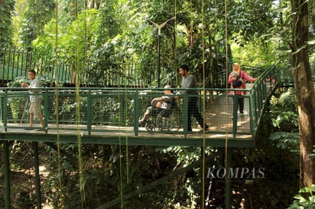 Pengunjung menyusuri kawasan hutan kota Babakan Siliwangi, Kota Bandung, Jawa Barat, Minggu (6/5/2018). Lokasi tersebut menjadi destinasi wisata di tengah kota dengan suasana alam.