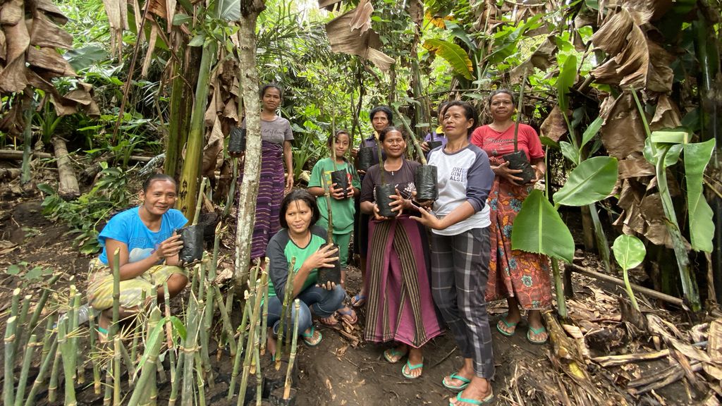 Ketua Kelompok Pembibitan Bambu Ngada, Emilia Mao (tengah), bersama beberapa anggota kelompok di Desa Were IV Ngada. Dokumen Yayasan Bambu Lestari.