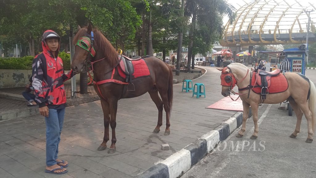 Tampak salah satu pelaku usaha wisata berkuda di area Gedung Budaya Sabilulungan, Soreang, Kabupaten Bandung, Jawa Barat, Jumat (10/11/2023). Biaya untuk sekali mengelilingi area tersebut sambil menunggang kuda seharga Rp 15.000.