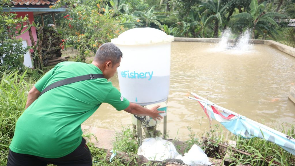 Iim Gala Permana mengecek mesin pakan otomatis di Kampung Nila Kawali di Dusun Banjarwaru, Desa Kawali, Kecamatan Kawali, Kabupaten Ciamis, Jawa Barat, Kamis (16/2/2023). 
