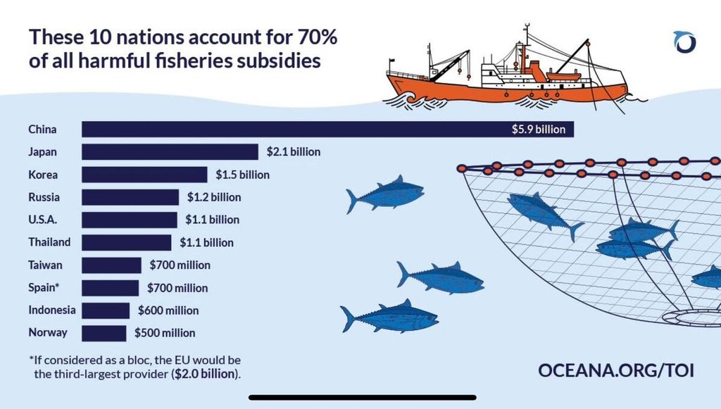 Organisasi konservasi Internasional, Oceana.org, merilis 10 besar negara yang menerapkan praktik subsidi perikanan. Negara-negara itu ditenggarai menggunakan program subsidi perikanan untuk mengalihkan risiko penangkapan ikan yang berlebihan ke negara-negara lain. (sumber: Oceana.org)