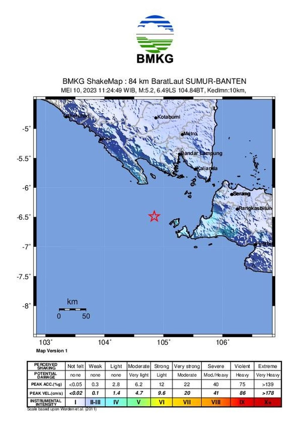 Gempa M 5,2 di Selat Sunda. Sumber: BMKG