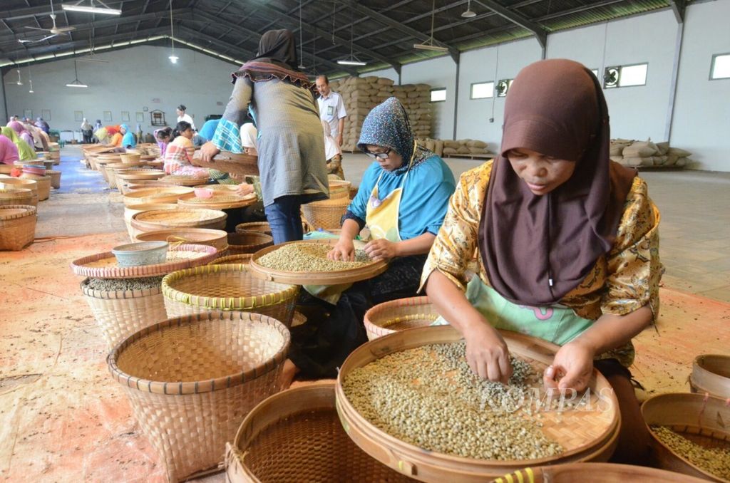 Pekerjaan borongan untuk menyortir biji kopi banyak dilakukan kaum perempuan dari desa-desa di sekitar pabrik kopi Banaran di Gemawang, Jambu, Kabupaten Semarang, Jawa Tengah. Dalam sehari mereka bisa menyortir minimal 20 kilogram biji kopi. 