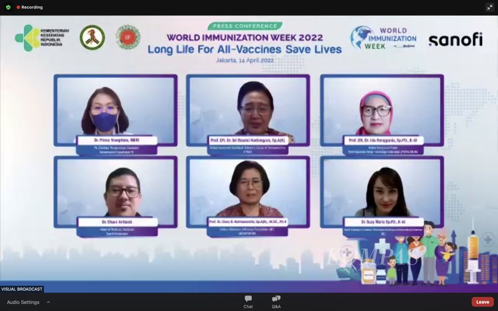 Diskusi mengenai imunisasi di Pekan Imunisasi Dunia 2022 dilaksanakan pada Kamis (14/4/2022). Diskusi diselenggarakan oleh Perhimpunan Alergi Imunologi Indonesia (Peralmuni), Business Unit Vaccines di Sanofi Indonesia, Kementerian Kesehatan, dan Indonesia Influenza Foundation (IIF).