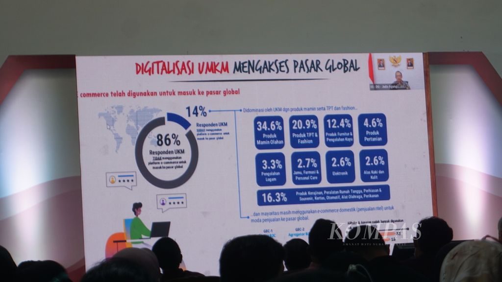 Salah satu paparan yang disampaikan dalam diskusi bertajuk Peran UMKM dalam Membangun Kemandirian Ekonomi Melalui Transformasi Digital” yang digelar atas kerja sama harian <i>Kompas</i> dan Universitas Negeri Sebelas Maret (UNS) dengan dukungan dari Bank Jateng, di Gedung Ki Hajar Dewantara UNS, Kota Surakarta, Jawa Tengah, Rabu (15/6/2022). Acara tersebut juga bagian dari Festival Bulan Bung Karno.