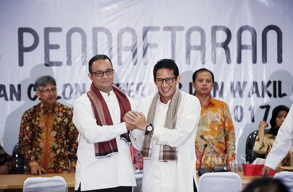 Anies Baswedan dan Sandiaga Salahuddin Uno saat Pemilihan Kepala Daerah DKI Jakarta 2017.