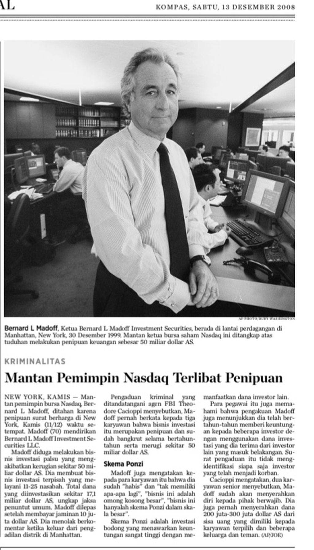 Berita harian <i>Kompas</i> 13 Desember 2008 soal skandal Bernie Madoff. Sumber: Pusat Informasi <i>Kompas</i> (PIK).