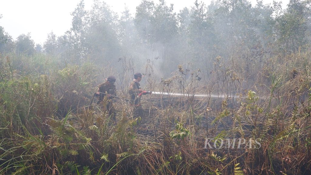 Petugas berupaya memadamkan api di lahan gambut yang terbakar di Kecamatan Gambut, Kabupaten Banjar, Kalimantan Selatan, Selasa (15/10/2019).
