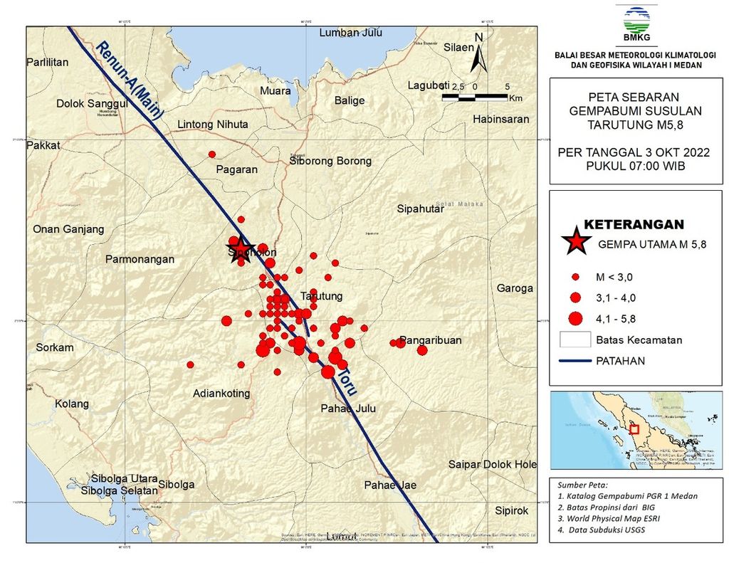 Tren lokasi gempa susulan di Tapanuli Utara, Sumatera Utara, cenderung mengikuti jalur Sesar Besar Sumatera. Sumber: BMKG