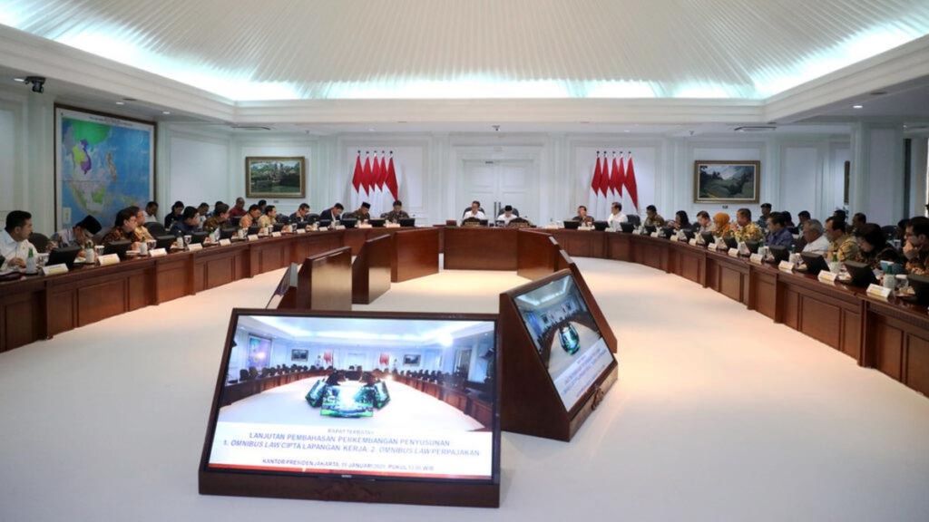 President Joko Widodo leads a limited meeting on the draft omnibus bill on job creation at the Presidential Office in Jakarta, Wednesday (15/1/2020).