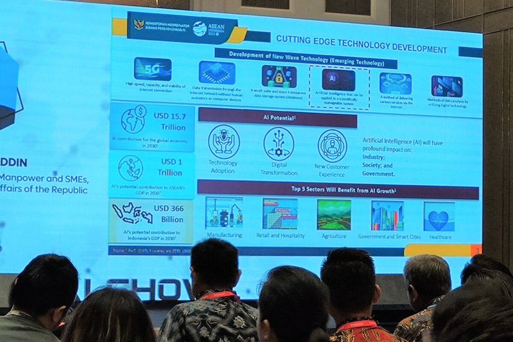 Presentasi yang dibawakan Deputi Bidang Koordinasi Ekonomi Digital, Ketenagakerjaan, dan UMKM Kementerian Koordinator Bidang Perekonomian Rudy Salahuddin dalam acara WorldAI Show pada Rabu (7/6/2023) pagi di Jakarta.
