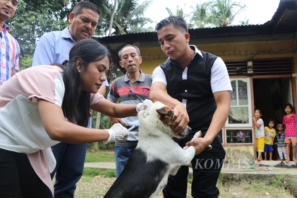 Petugas memvaksin anjing dengan vaksin rabies di derah endemik rabies di Kota Gunungsitoli, Sumatera Utara, Sabtu (12/1/2019). Dari total 40.000 anjing di Kepulauan Nias, baru sekitar 5.000 ekor per tahun yang dapat divaksin karena keterbatasan vaksin.