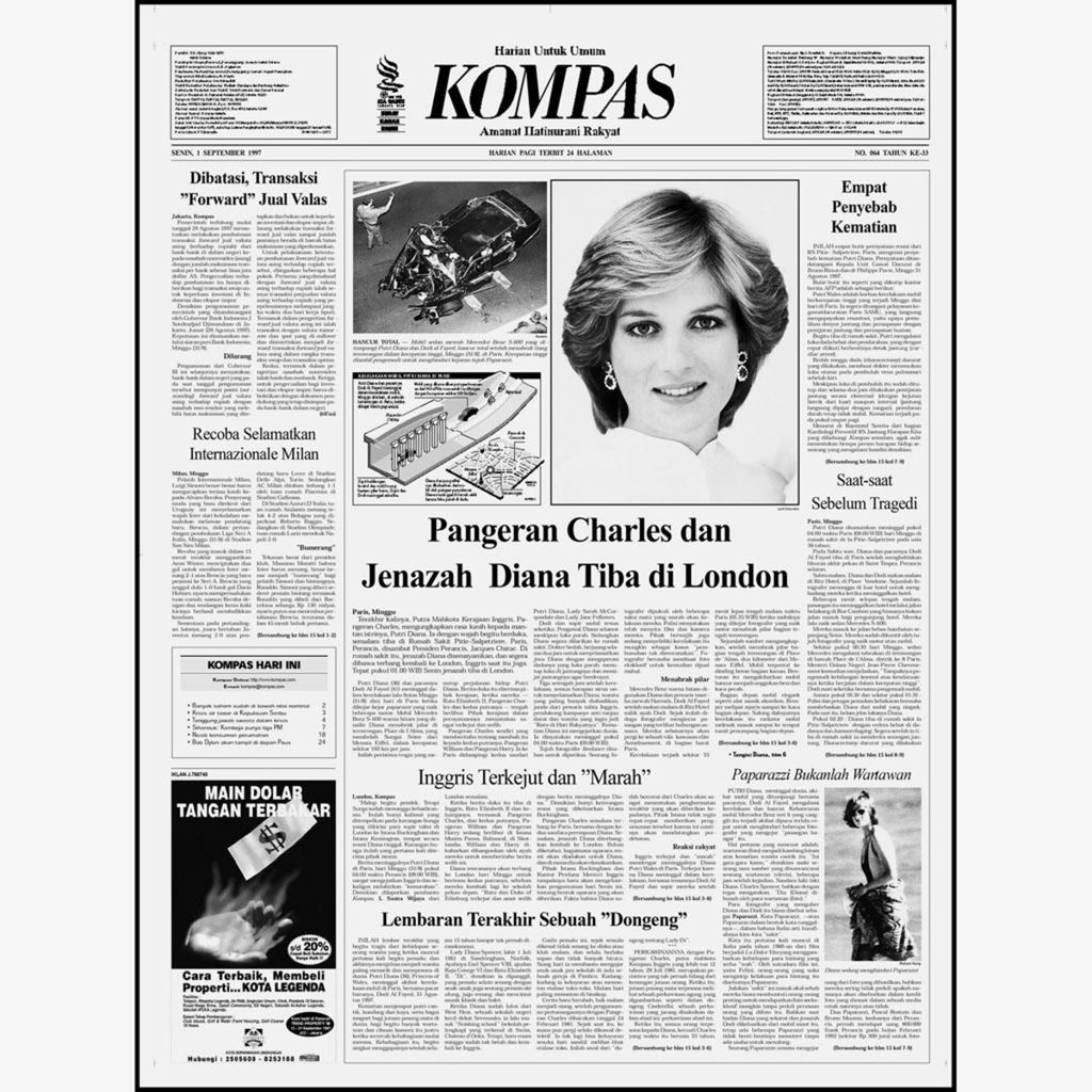 Halaman pertama harian <i>Kompas </i>edisi 1 September 1997 berisi laporan tentang wafatnya Putri Diana. Mantan calon Ratu Kerajaan Inggris itu meninggal pada 31 Agustus 1997 setelah kecelakan di Paris, Perancis. 