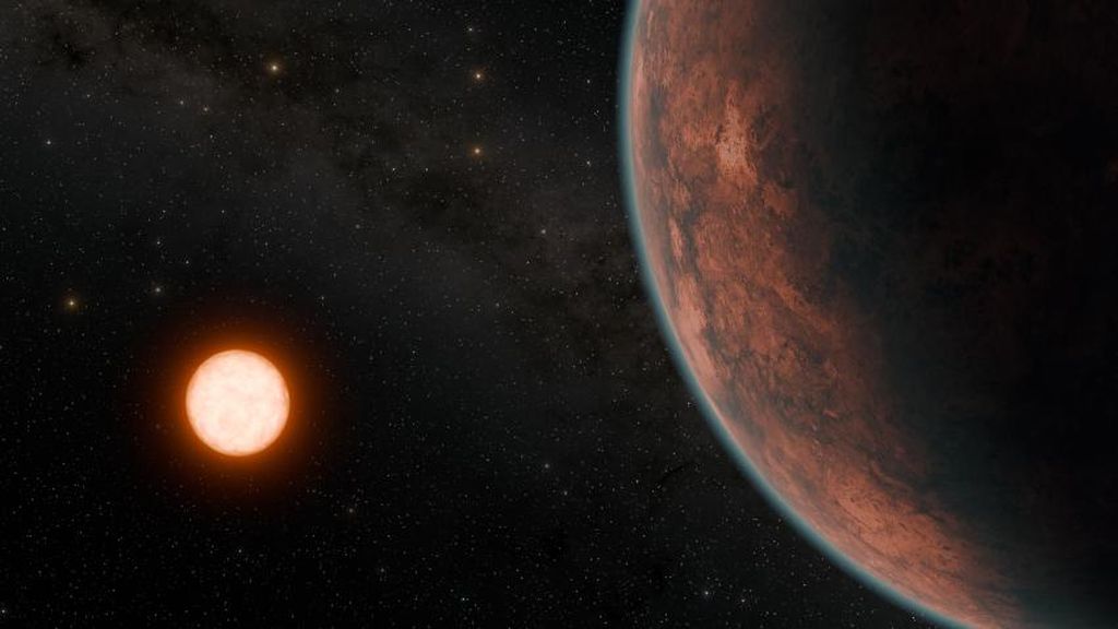 Gliese 12 b, yang mengorbit bintang katai merah dingin yang berjarak 40 tahun cahaya.  Gliese 12 b ditampilkan dengan tetap menjaga suasana tipis.