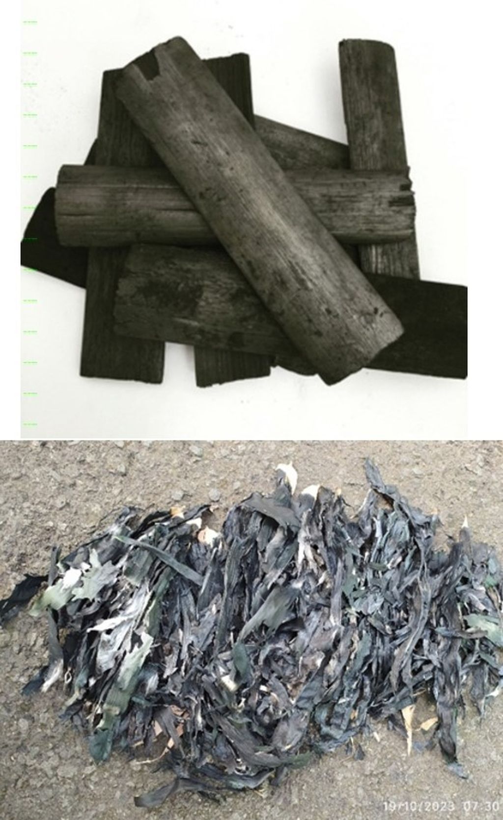 Arang batang bambu (gambar atas) dan arang dari daun bambu (gambar bawah) sebagai <i>biochar </i>dan asap cair berfungsi sebagai media untuk penyuburan tanah, terutama tanah tandus dan gersang.