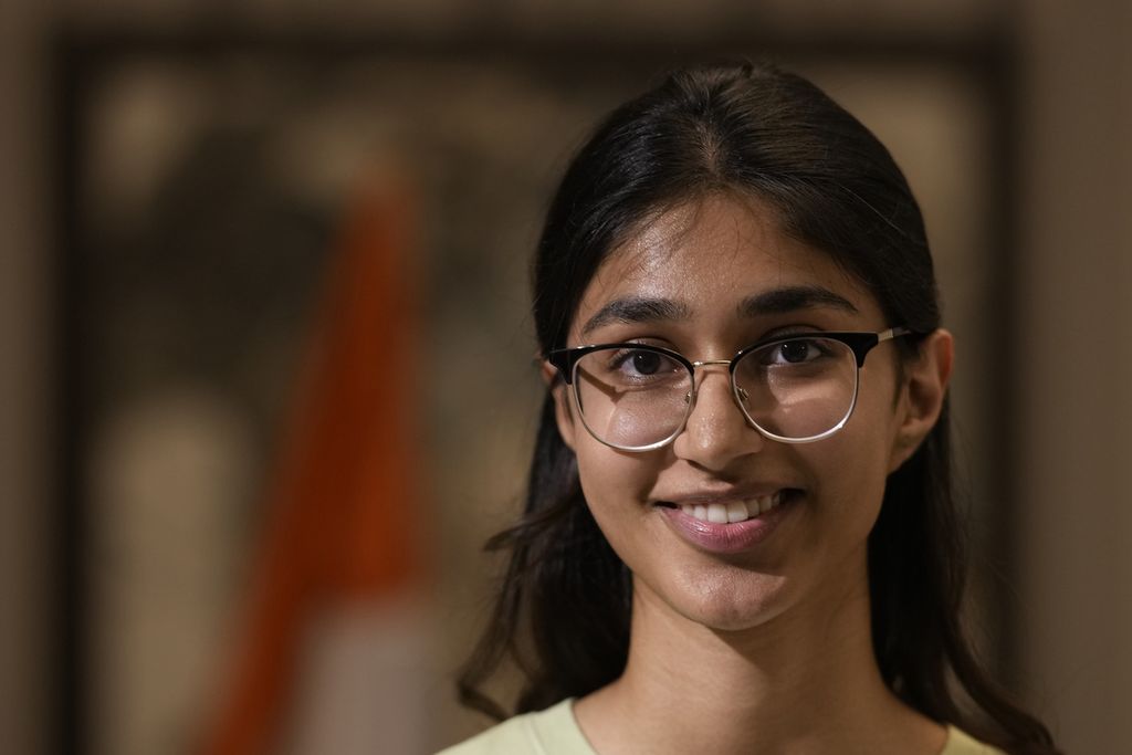 Manya Sachdev, a computer science student, speaks with the Associated Press news agency during an interview about key issues in India's elections in New Delhi, India, March 29, 2024.