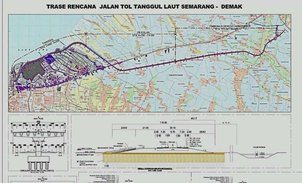 Rencana trase tol Semarang-Demak sepanjang 26,8 km yang sebagian berupa tanggul laut.