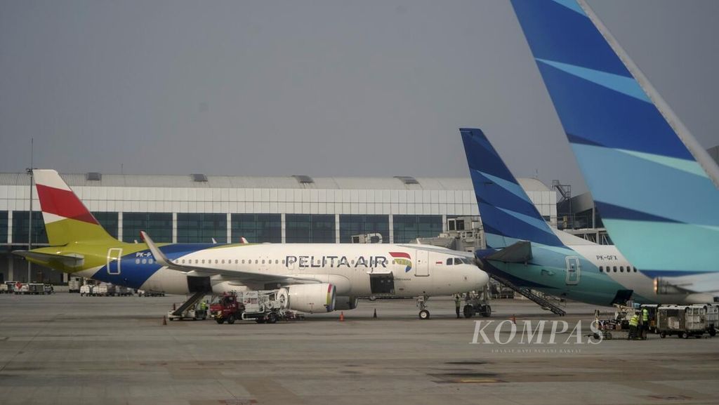 Pesawat maskapai Pelita Air parkir di apron Terminal 3 Bandara Soekarno-Hatta, Tangerang, Banten, Rabu (3/8/2022).