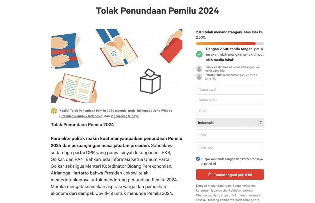 Laman petisi daring Tolak Penundaan Pemilu di change.org diakses Senin (7/3/2022).