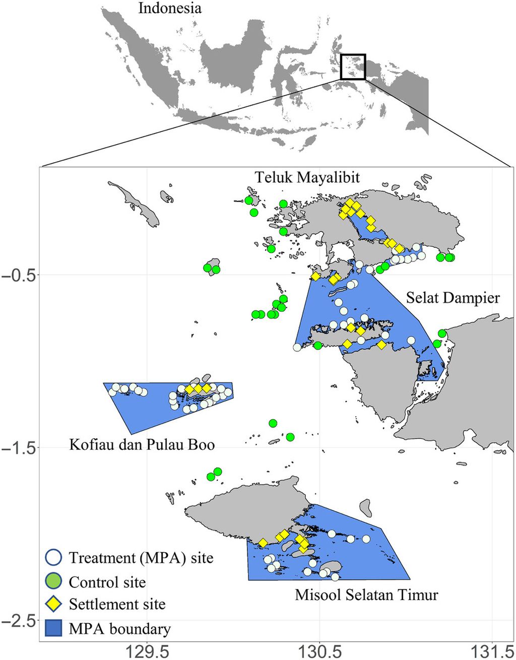 Lokasi situs ekologi dan permukiman di sepanjang bentang laut Kepala Burung. Lokasi perlakuan ekologi (n = 59) diwakili oleh lingkaran putih, lokasi kontrol ekologi (n = 28) diwakili oleh lingkaran hijau, dan lokasi permukiman (n = 32) diwakili oleh intan kuning. Kawasan konservasi laut dibatasi dengan warna biru. Sumber: Robert Y Fidler, dkk (<i>Science Advances</i>, 2022)