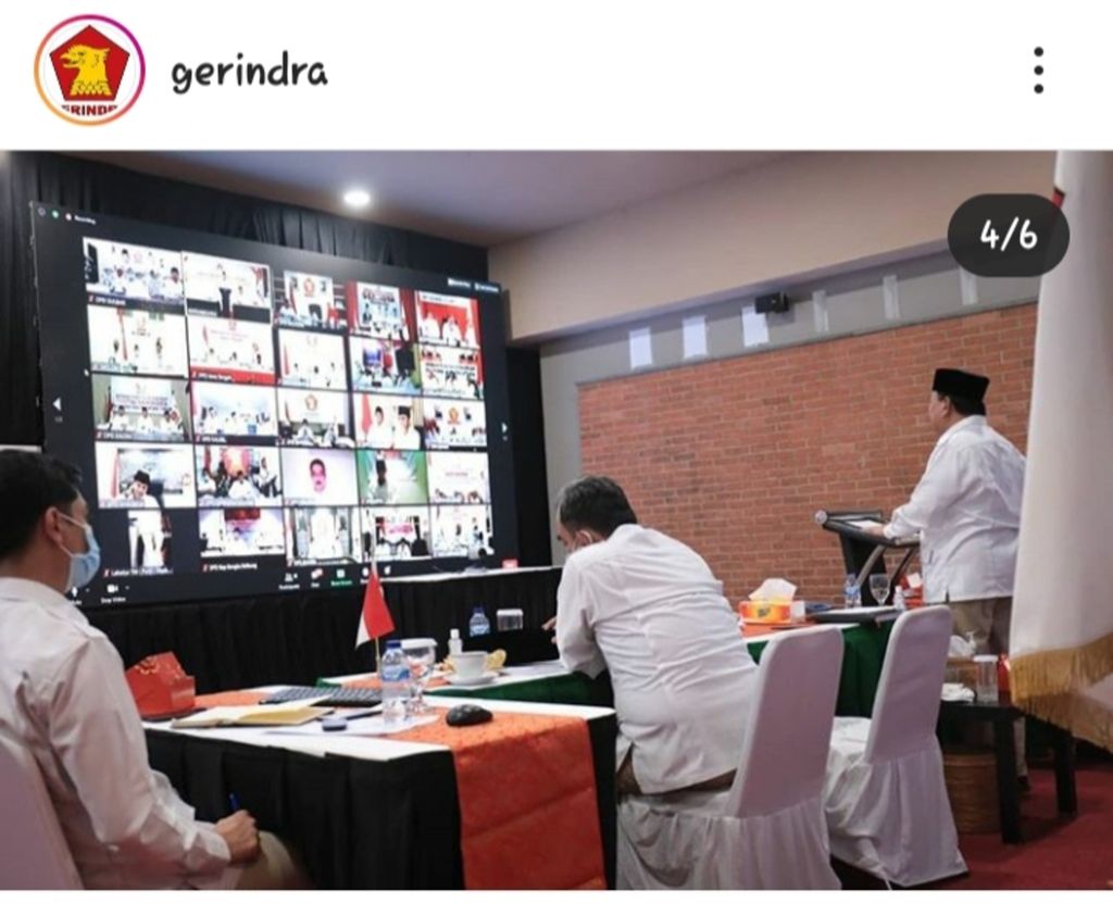 Ketua Umum Partai Gerindra Prabowo Subianto berpidato saat Rapat Pimpinan Nasional Gerindra yang digelar secara daring (4/6/2020).