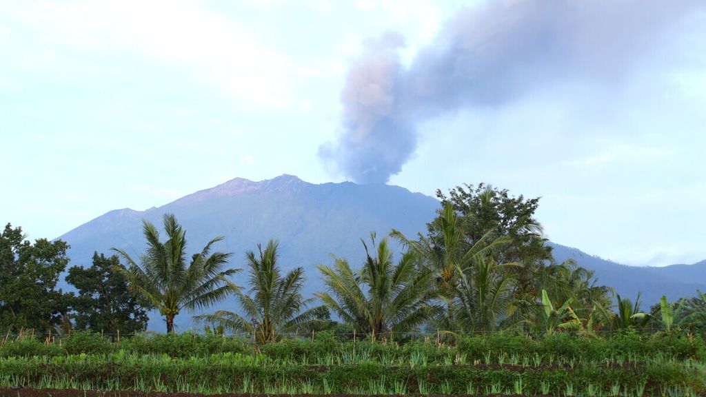Kepulan abu vulkanik membubung dari puncak Gunung Raung yang berada di perbatasan Kabupaten Banyuwangi, Situbondo, dan Bondowoso ketika diamati dari Desa Sumberarum, Kecamatan Songgon, Banyuwangi, Jawa Timur, Selasa (9/2/2021). 