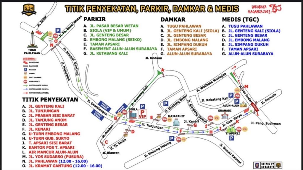 Penyekatan atau penutupan jalan dan pengalihan lalu lintas untuk parade kendaraan hias dan karnaval budaya Surabaya Vaganza pada Sabtu (27/5/2023).