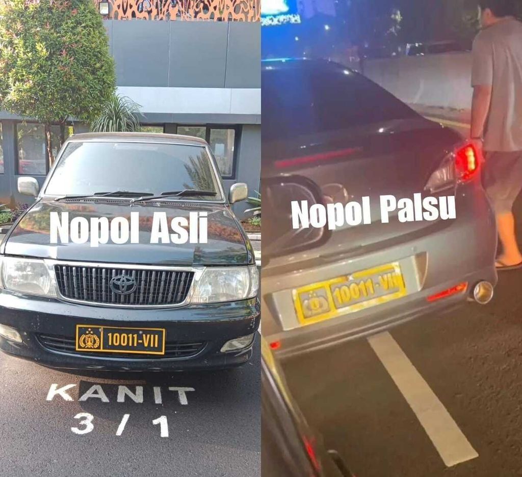 Kolase bukti foto penggunaan pelat nomor polisi kendaraan palsu (kanan) yang digunakan tersangka penganiayaan di jalan tol di Tomang, Jakarta Barat. Aksi itu viral Kamis (4/5/2023).