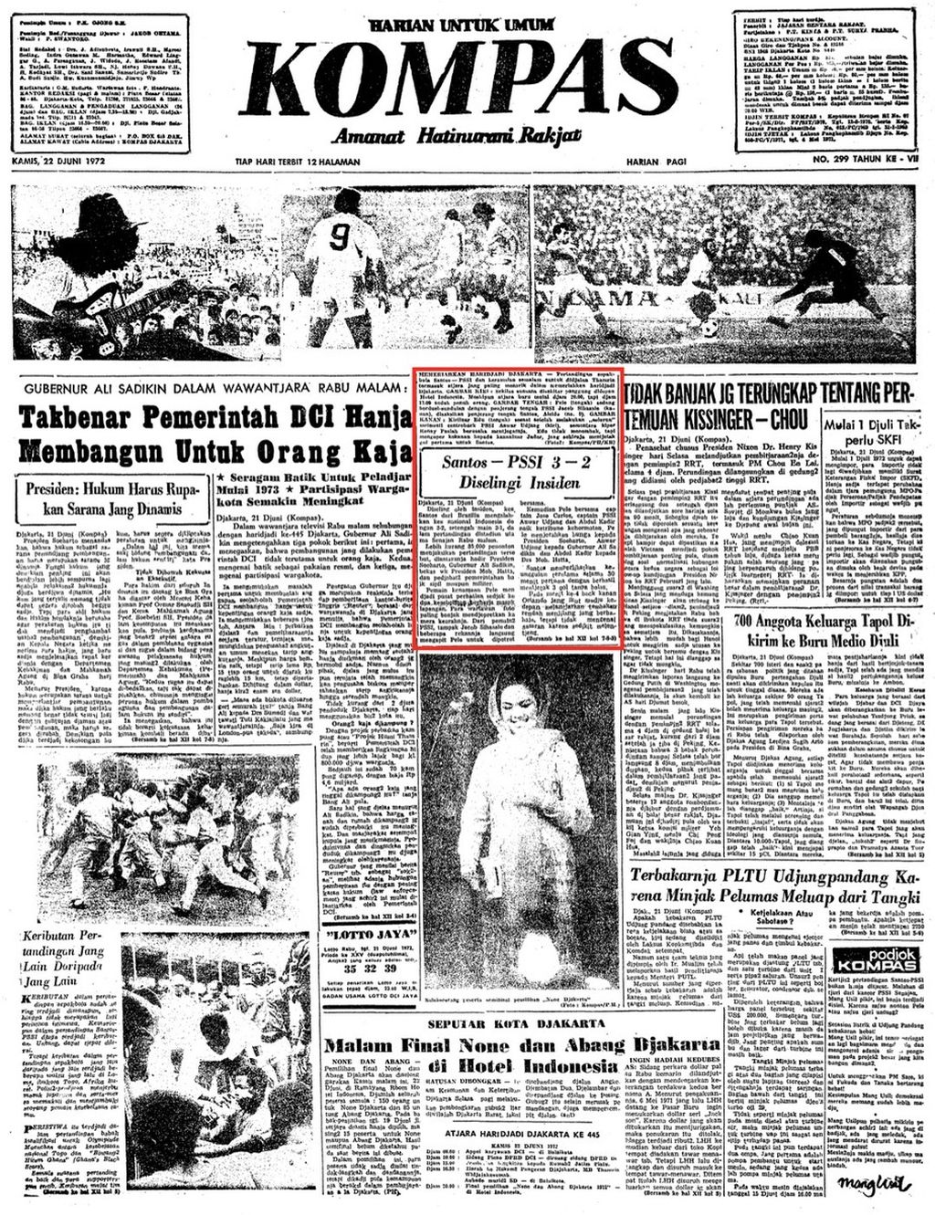 Halaman muka "Kompas" edisi, Kamis, 22 Juni 1972, yang memuat tentang hasil laga tim PSSI menghadapi Santos di Stadion Utama Senayan, Jakarta, 21 Juni 1972.