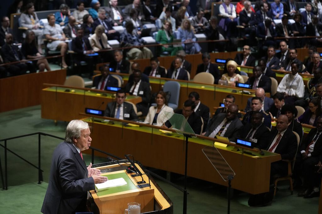 Sekretaris Jenderal PBB Antonio Guterres berpidato pada awal Sidang Majelis Umum Ke-78 PBB di Markas Besar PBB, New York, AS, Selasa (19/9/2023). 
