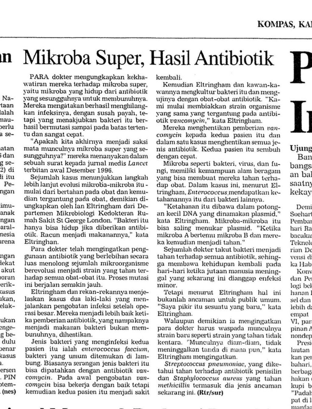 Arsip berita lama di harian <i>Kompas</i> yang terbit pada Kamis, 19 Desember 1996, tentang kekhawatiran kalangan dokter di London, Inggris, tentang munculnya mikroba super atau bakteri yang kebal antibiotik. 