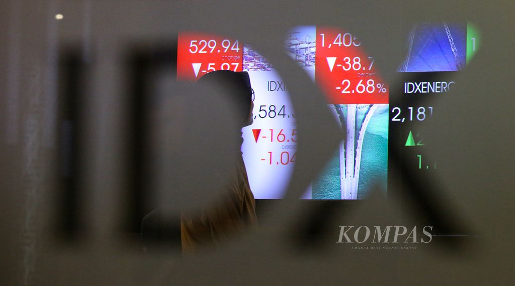 Pengunjung melintas di depan monitor yang memperlihatkan pergerakan indeks di Bursa Efek Indonesia di Jakarta, Selasa (16/4/2024). Indeks Harga Saham Gabungan (IHSG) pada pembukaan perdagangan pagi ini pascalibur panjang Lebaran berada di zona merah.