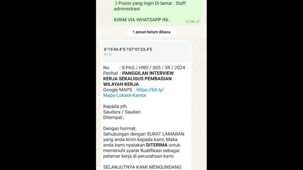 Pesan Whatsapp panggilan wawancara kerja. <i>Kompas</i> mendapatkannya karena mendaftar setelah melihat iklan lowongan kerja PT Lavanya Autopart Humanika di salah satu situs pencarian lowongan.