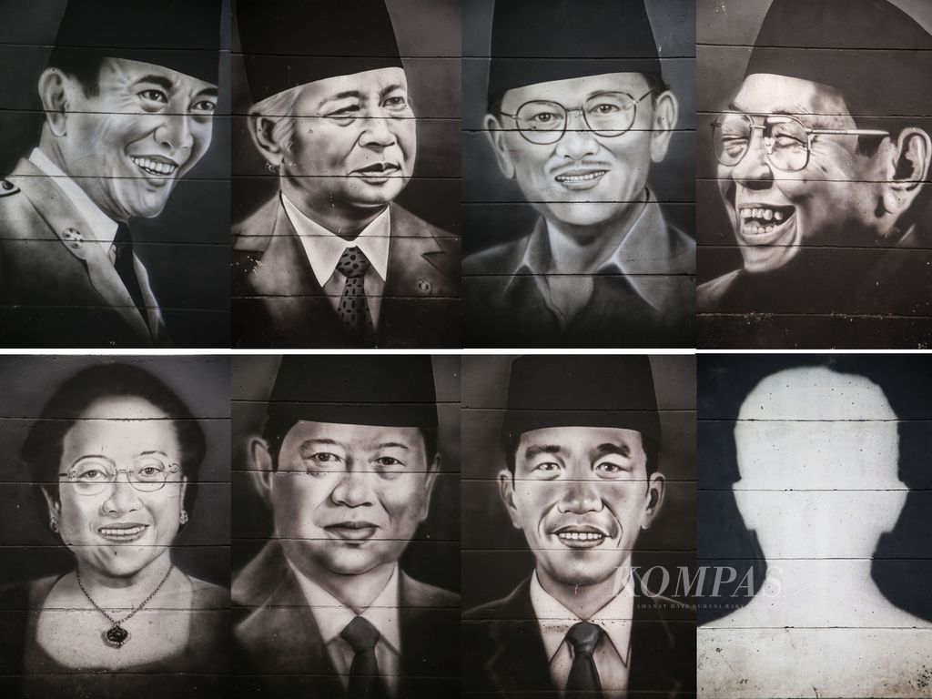 Rangkaian foto lukisan presiden Republik Indonesia tergambar di sebuah tembok di kawasan Cipondoh, Tangerang, Banten, Rabu (18/8/2021). Survei Litbang <i>Kompas </i>pada April 2021 menunjukkan, masih banyak masyarakat yang belum menentukan pilihan calon presiden. 