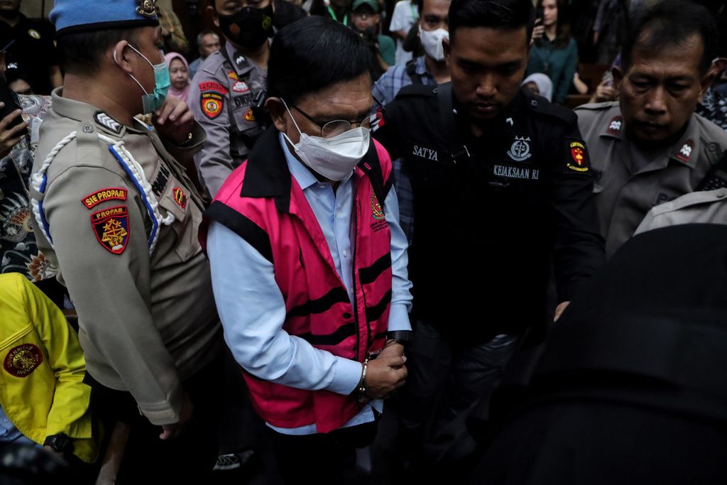 Terdakwa bekas Menteri Komunikasi dan Informatika Menteri Komunikasi dan Informatika Johnny G Plate menghadiri sidang lanjutan dugaan korupsi pembangunan menara BTS 4G di Pengadilan Tindak Pidana Korupsi Jakarta, Kamis (25/7/2023). 