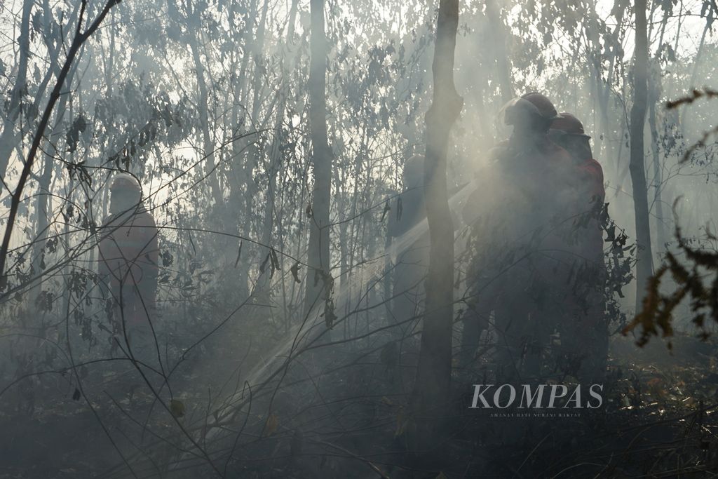 Petugas Manggala Agni daerah operasi Ogan Komering Ilir (OKI), Sumatera Selatan, berupaya memadamkan api di lahan gambut yang berada di Desa Deling, Kecamatan Pangkalan Lampam, Kabupaten OKI, Sabtu (26/8/2023). Proses pemadaman berlasung sejak pagi hingga sore hari lantaran api telah membakar lahan gambut dangkal dan sudah mengancam perkebunan warga.
