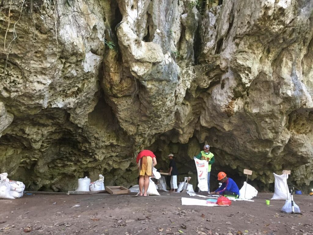 Research atmosphere in the excavation pit in Liang Panninge (Bat Cave) conducted by archaeologists Oda in 2015. The excavations found a human skeleton with Dinosovan DNA.
