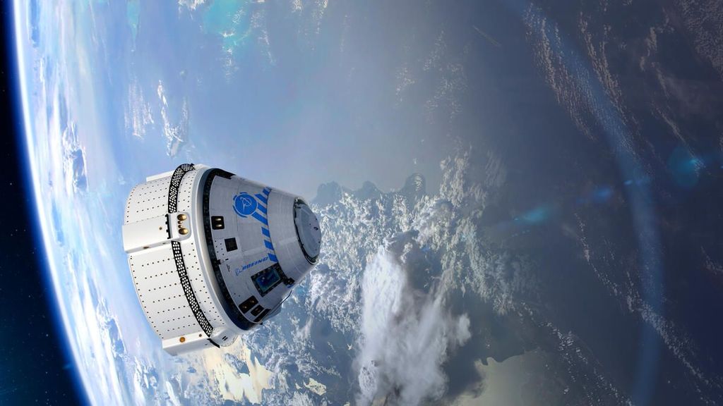 Ilustrasi kapsul antariksa Starliner buatan Boeing sedang mengorbit Bumi.