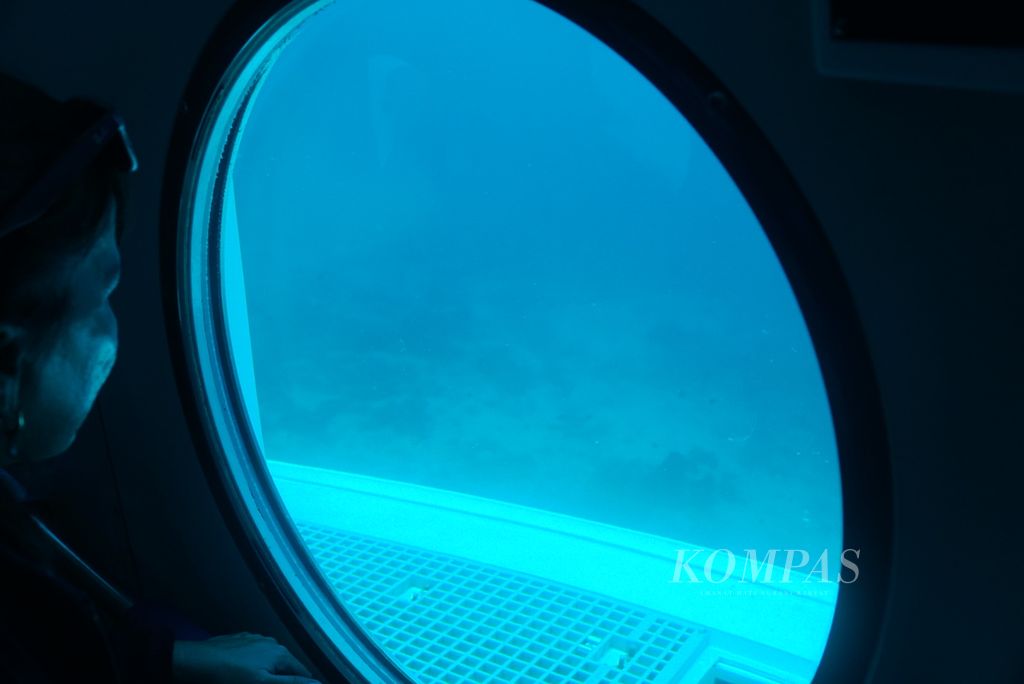Penumpang mengamati pemandangan dasar laut dalam uji coba kapal selam wisata Golden Manta milik PT Bhineka Mancawisata, Kamis (3/11/2022), di perairan Likupang, Minahasa Utara, Sulawesi Utara.
