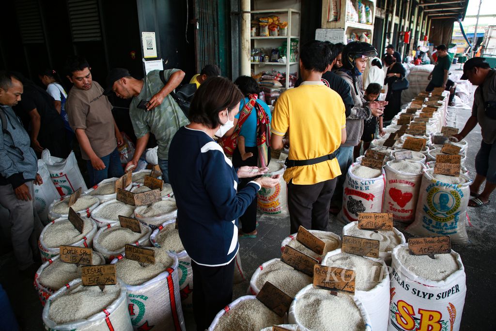 Calon pembeli memilih beras di Pasar Induk Beras Cipinang, Jakarta Timur, Kamis (15/12/2022). Kenaikan harga beras dikeluhkan oleh para pembeli.