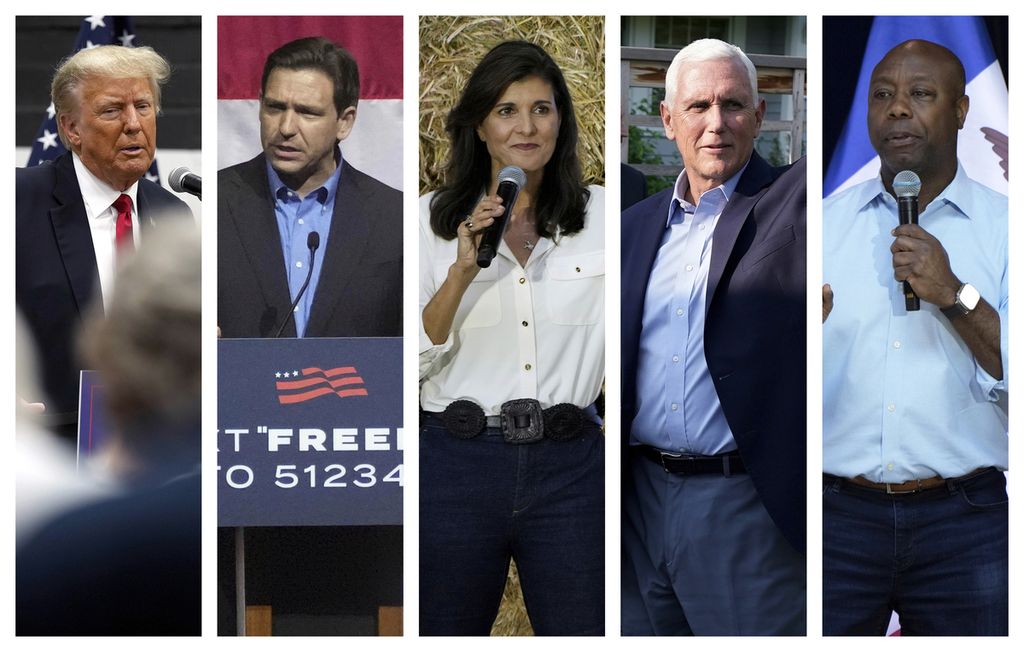 Para bakal calon presiden Partai Republik yang akan bersaing, (kiri-kanan) Donald Trump, Ron DeSantis, Nikki Haley, Mike Pence, dan Tim Scott. 