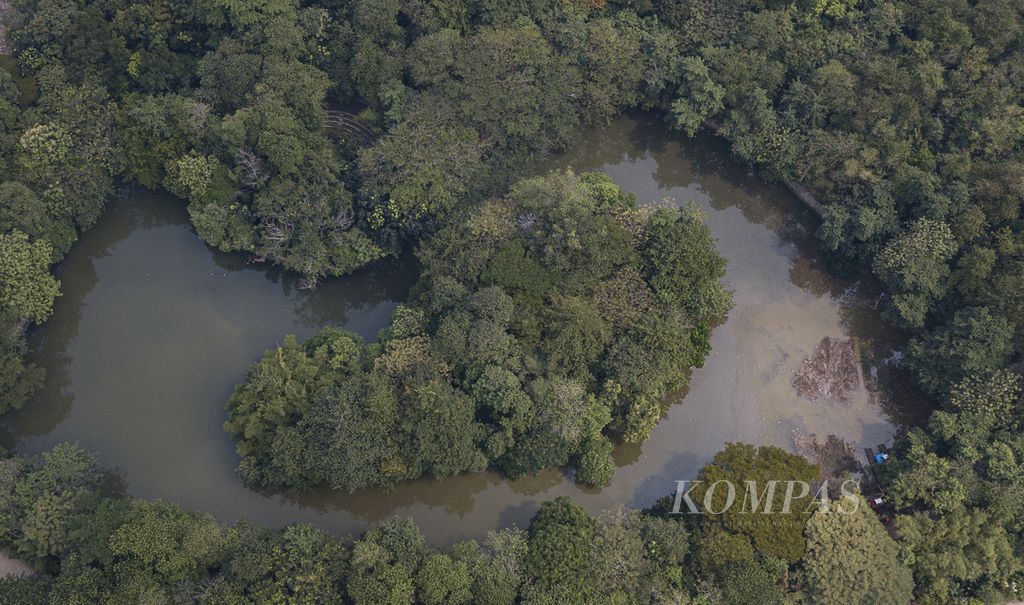 Foto udara situ yang berada di area hutan kota Srengseng, Kembangan, Jakarta Barat, Selasa (6/6/2023). Hutan kota dan situ Srengseng berfungsi sebagai tangkapan hujan, sekaligus pengendali banjir untuk kawasan sekitarnya.