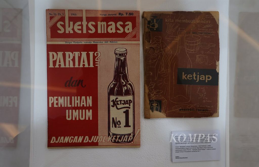 Sampul ÒMadjalah Lukisan Masjarakat Sketsmasa (1966)Ó memperlihatkan bagaimana kecap digunakan untuk menyindir partai-partai dalam Pemilu 