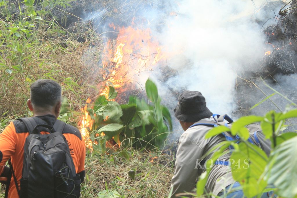 Officials are trying to extinguish a fire in Karangsanggar Block, Pasawahan Village, Pasawahan District, Kuningan Regency, West Java, on Sunday (27/8/2023) afternoon. The forest and land fire is located within the Ciremai Mountain National Park area. In the last three days, the fire on the mountain, which is 3,078 meters above sea level, is estimated to have reached 125.5 hectares.