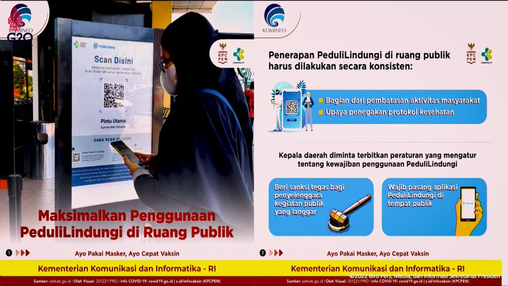 Paparan mengenai penerapan aplikasi Peduli Lindungi yang disampaikan Juru Bicara Pemerintah dan Duta Adaptasi Kebiasaan Baru Reisa Broto Asmoro dalam keterangan persnya di Kantor Presiden, Jakarta, Rabu (9/2/2022).