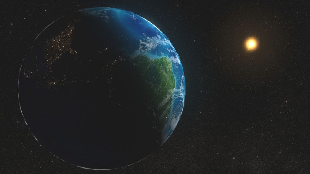 Bumi (kiri) bergerak mengelilingi Matahari (kuning, kecil) sambil terus berotasi pada porosnya yang miring 23,4 derajat. Rotasi dan revolusi Bumi itu menciptakan sistem waktu yang memudahkan manusia menandai suatu peristiwa.