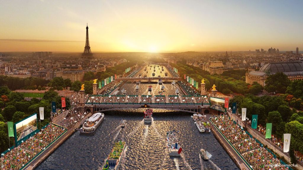 Foto ilustrasi yang dirilis pada 15 Desember 2021 oleh Komite Olimpiade Paris 2024 menunjukkan suasana upacara pembukaan Olimpiade Paris 2024 di Sungai Seine. 